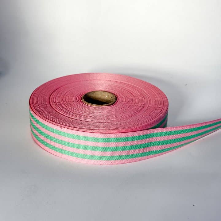 Cotton Ribbon MULTISTRIPES 35mm x 50m Candy Pink/Green Grass