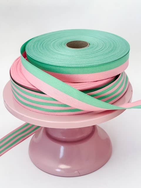 Cotton Ribbon BICOLOR 25mm x 50m Candy Pink/Green Grass