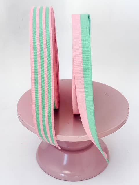 Cotton Ribbon BICOLOR 25mm x 50m Candy Pink/Green Grass