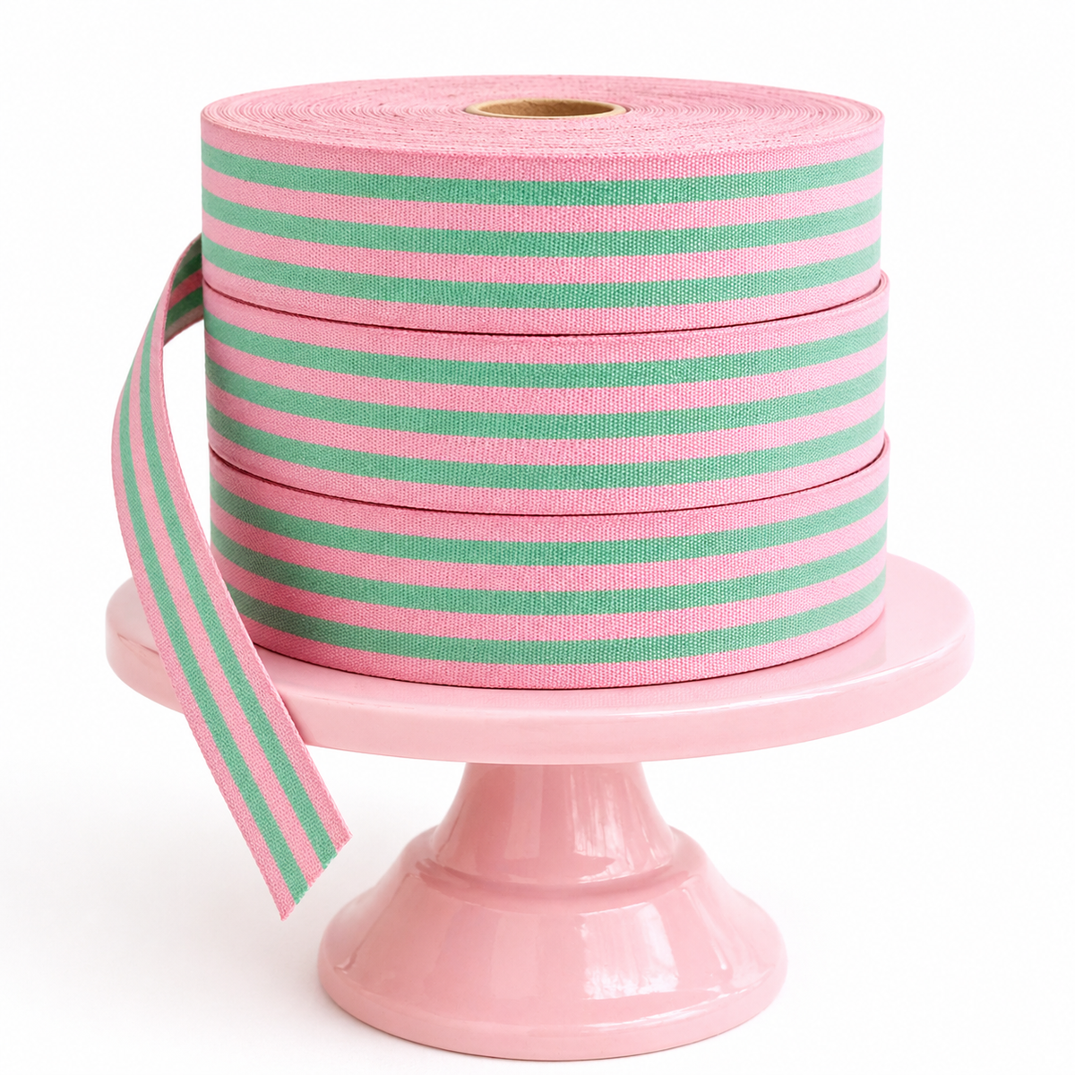 Cotton Ribbon MULTISTRIPES 35mm x 50m Candy Pink/Green Grass